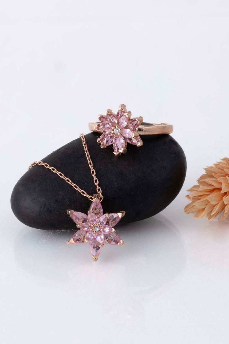 Pembe Renkli Lotus Çiçeği Gümüş Kolye Ve Yüzük Set - 3