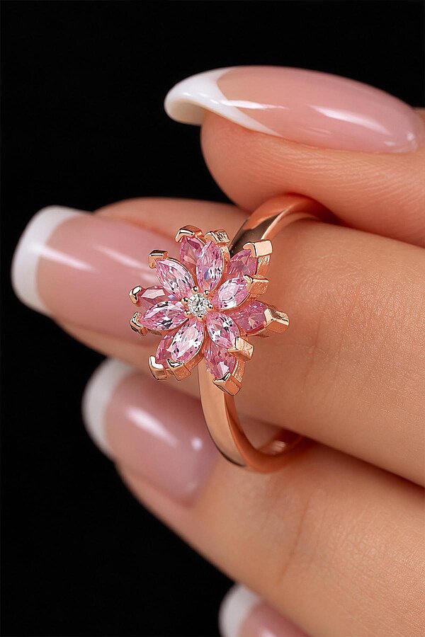 Pembe Renkli Lotus Çiçeği Gümüş Yüzük - Gümüş Pazarım