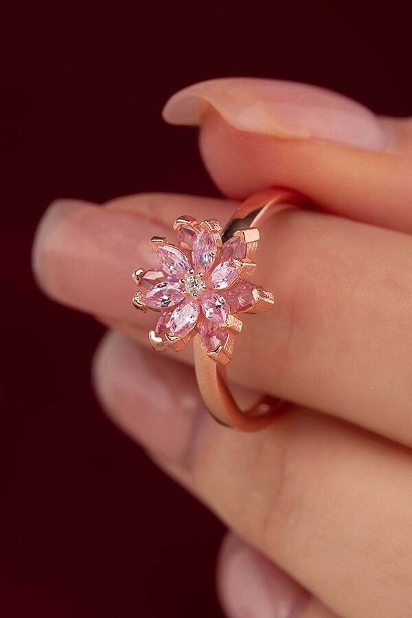 Pembe Renkli Lotus Çiçeği Gümüş Yüzük - Gümüş Pazarım