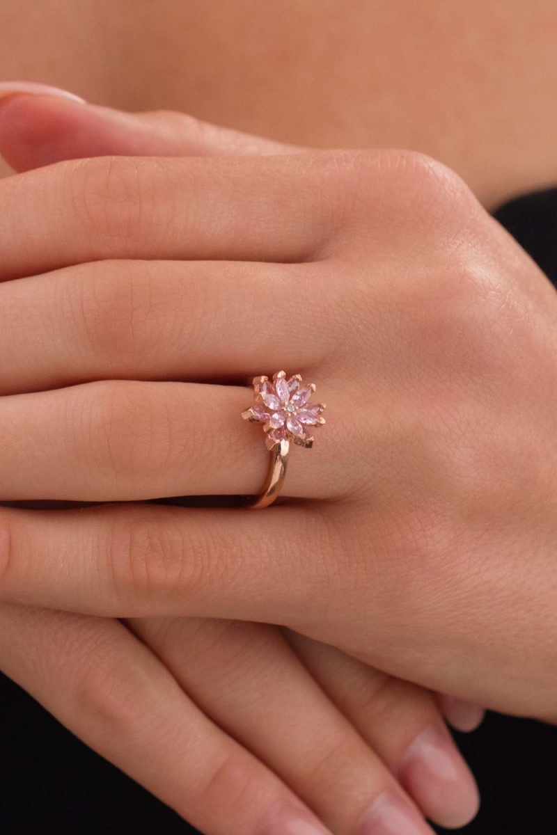 Pembe Renkli Lotus Çiçeği Gümüş Yüzük - 4