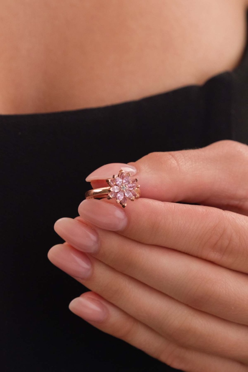 Pembe Renkli Lotus Çiçeği Gümüş Yüzük - 3
