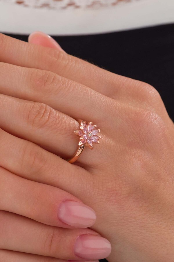 Pembe Renkli Lotus Çiçeği Gümüş Yüzük - Gümüş Pazarım (1)