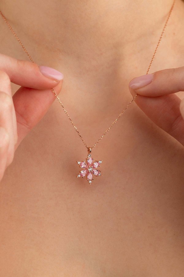 Pembe Taşlı 6 Yapraklı Yonca Gümüş Kolye - Gümüş Pazarım
