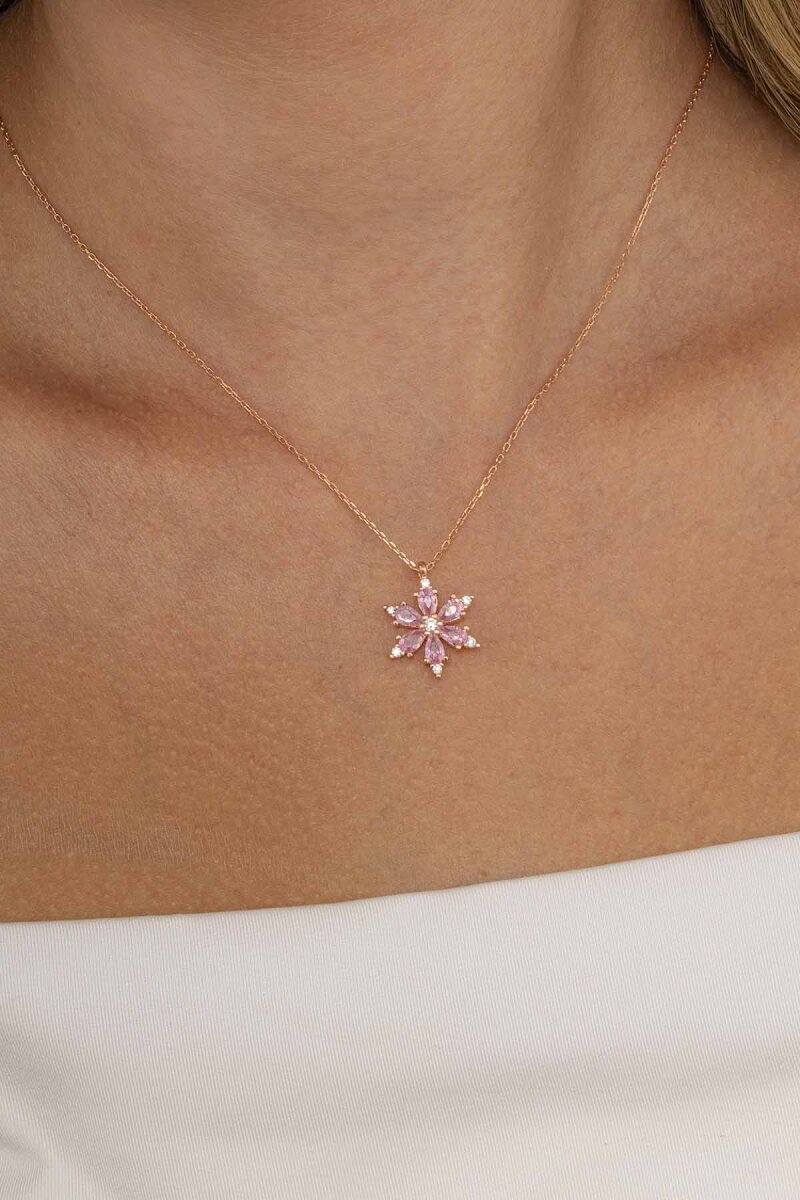 Pembe Taşlı 6 Yapraklı Yonca Gümüş Kolye - 2