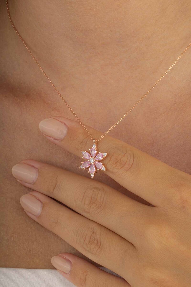 Pembe Taşlı 6 Yapraklı Yonca Gümüş Kolye - 1