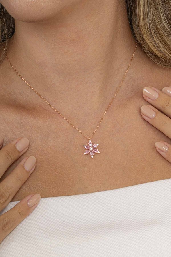 Pembe Taşlı 6 Yapraklı Yonca Gümüş Kolye - Gümüş Pazarım