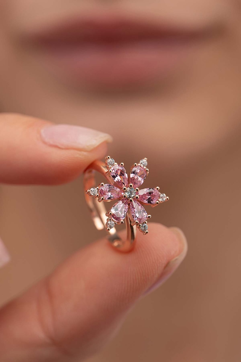 Pembe Taşlı Aster Çiçeği Gümüş Yüzük - 1