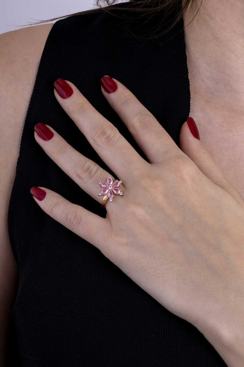 Pembe Taşlı Aster Çiçeği Gümüş Yüzük - 1