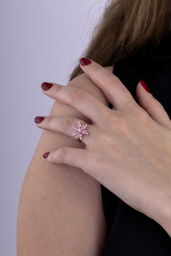 Pembe Taşlı Aster Çiçeği Gümüş Yüzük - Gümüş Pazarım