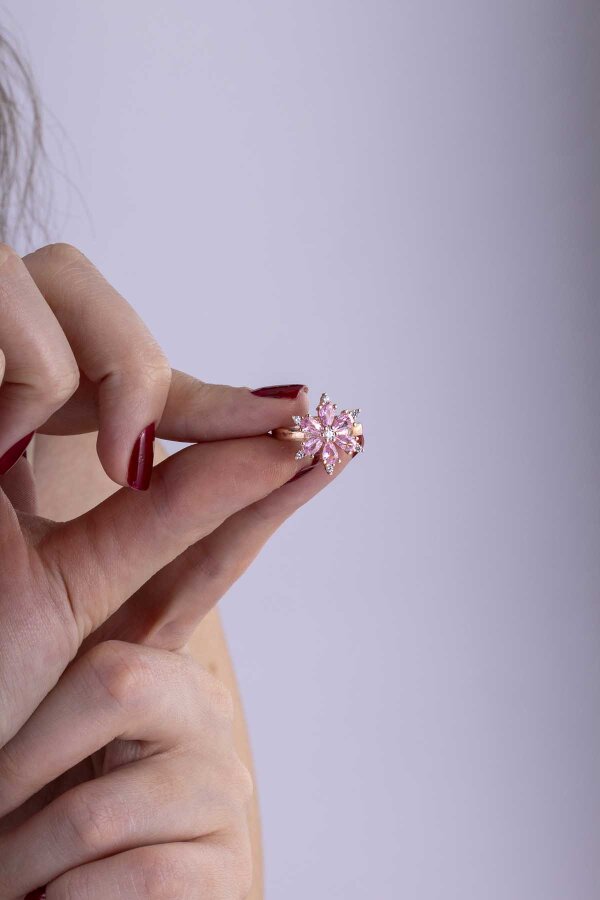 Pembe Taşlı Aster Çiçeği Gümüş Yüzük - Gümüş Pazarım