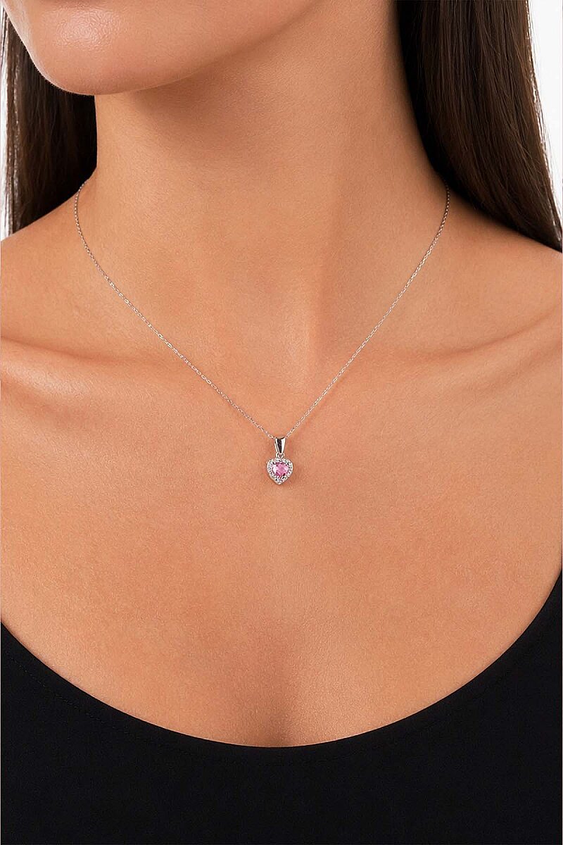 Pembe Taşlı Kalp Gümüş Kolye - 2