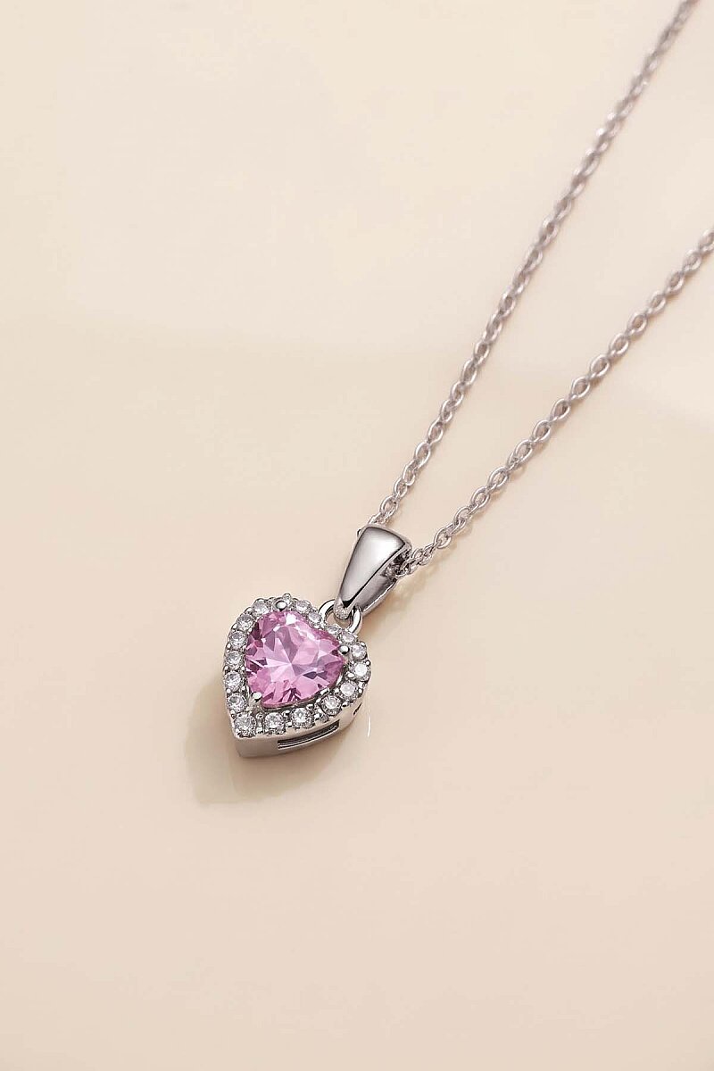 Pembe Taşlı Kalp Gümüş Kolye - 1