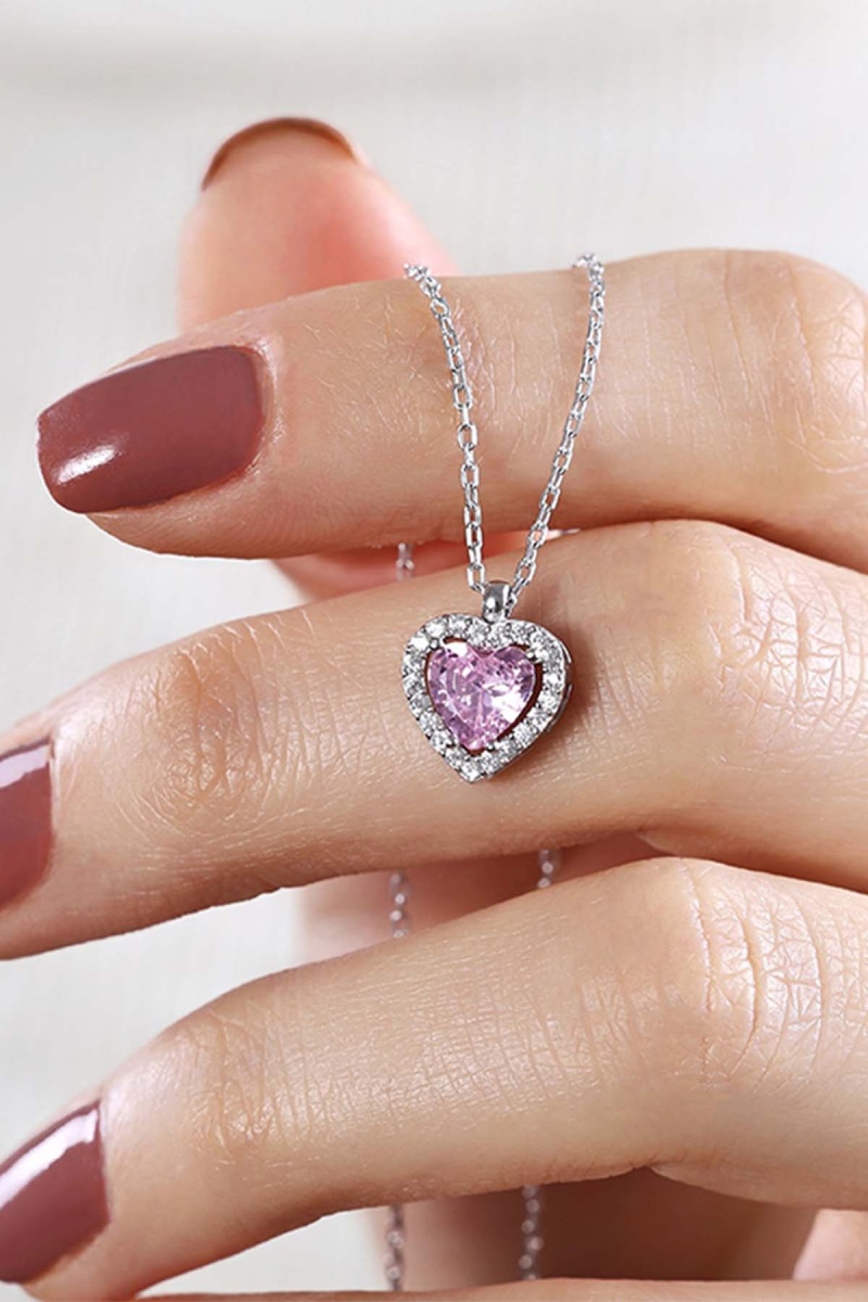 Pembe Taşlı Kalp Gümüş Kolye - 2