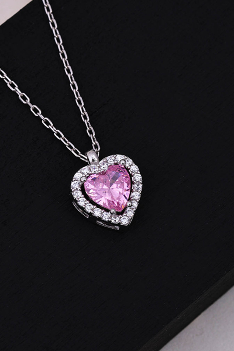 Pembe Taşlı Kalp Gümüş Kolye - 1