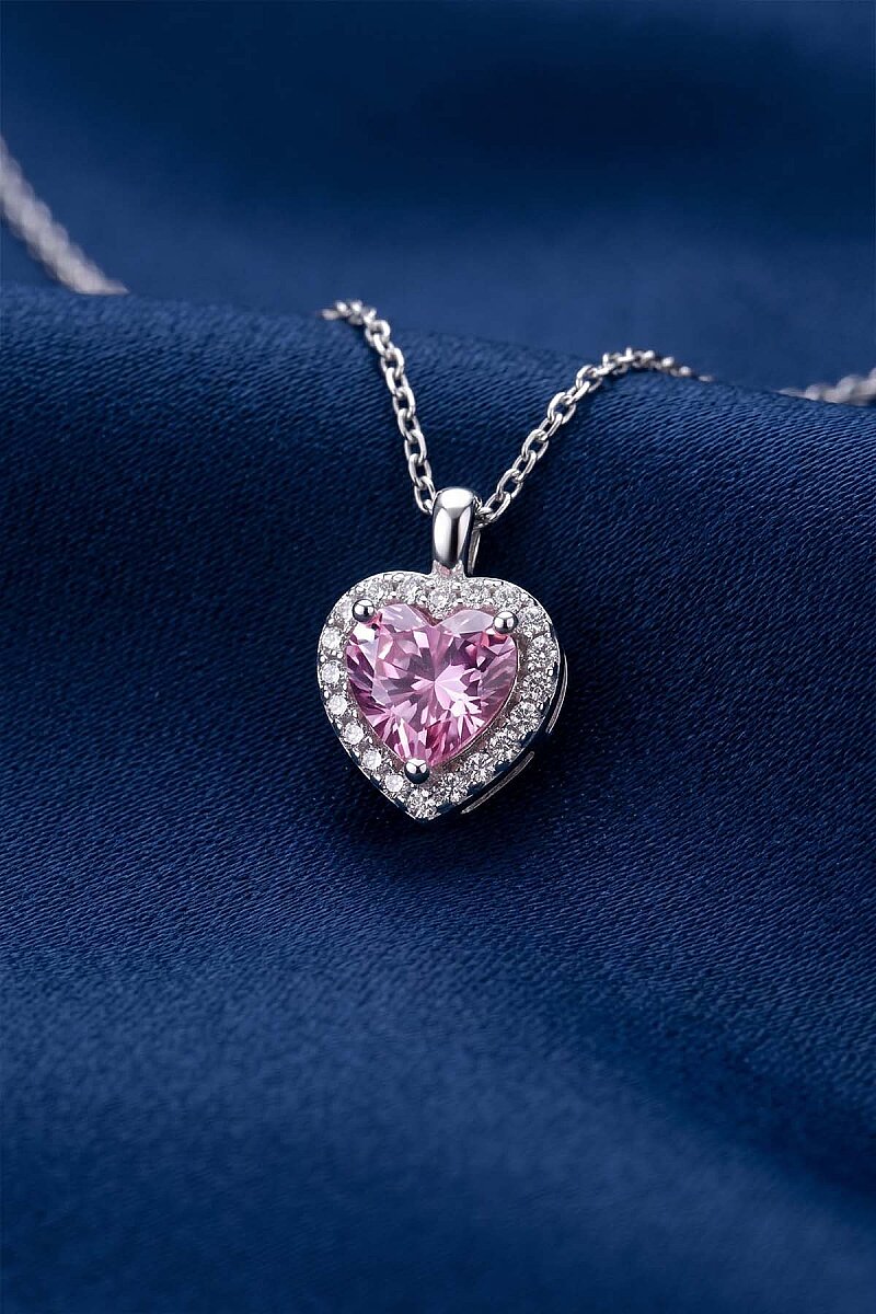 Pembe Taşlı Kalp Gümüş Kolye - 1