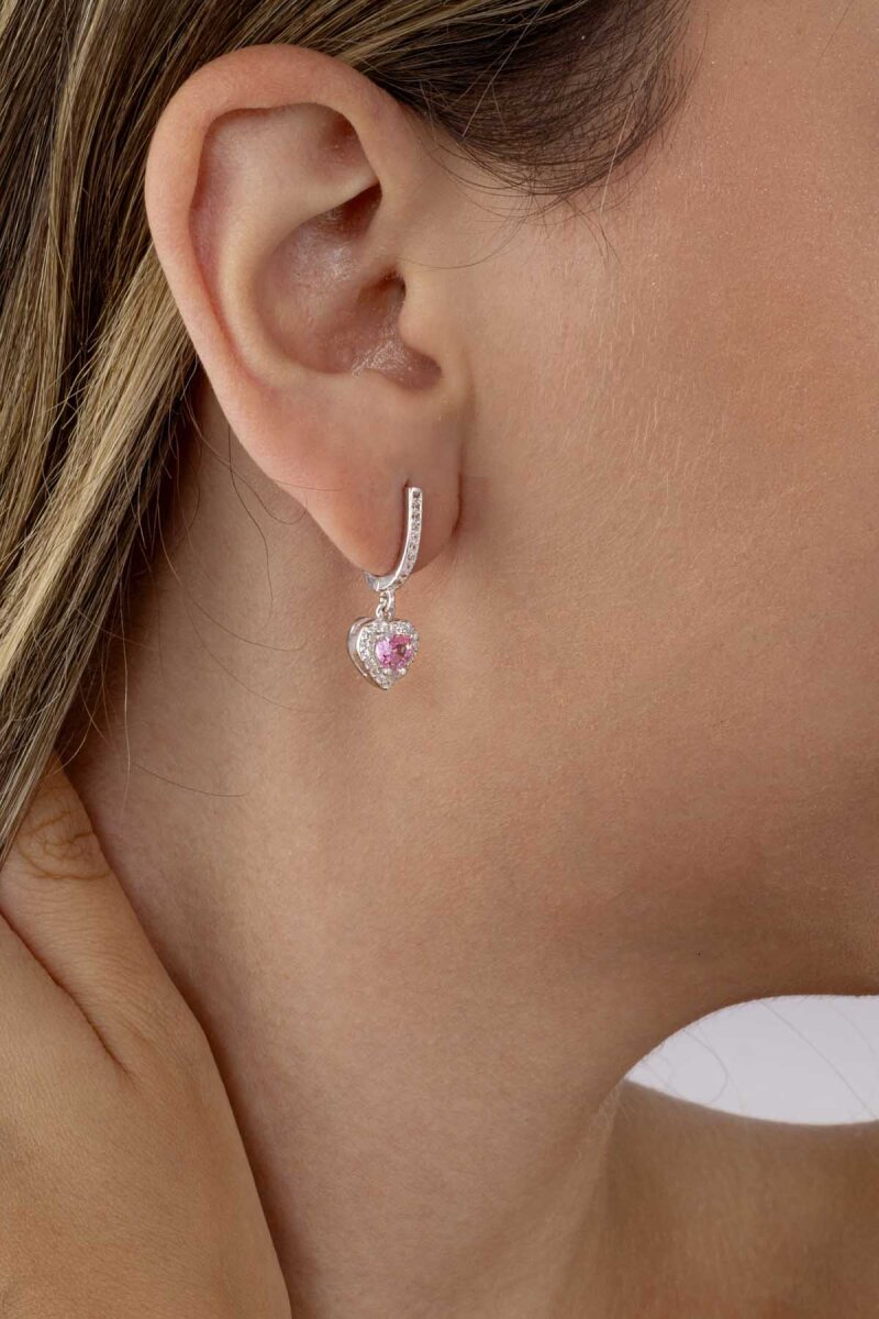 Pembe Taşlı Kalp Gümüş Küpe - 1