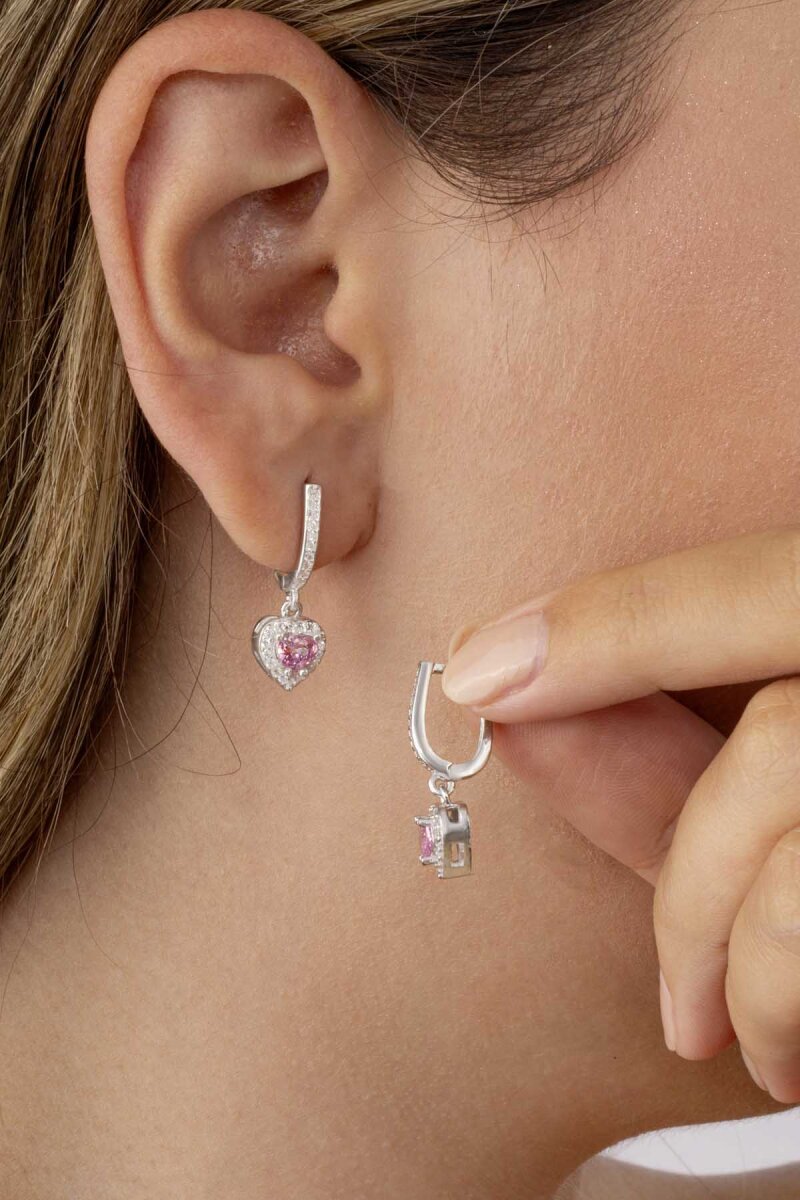 Pembe Taşlı Kalp Gümüş Küpe - 2