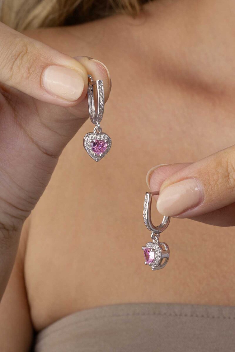 Pembe Taşlı Kalp Gümüş Küpe - 4