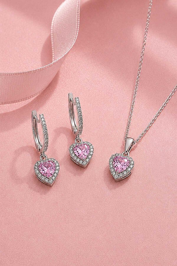 Pembe Taşlı Kalp Gümüş Set - 1