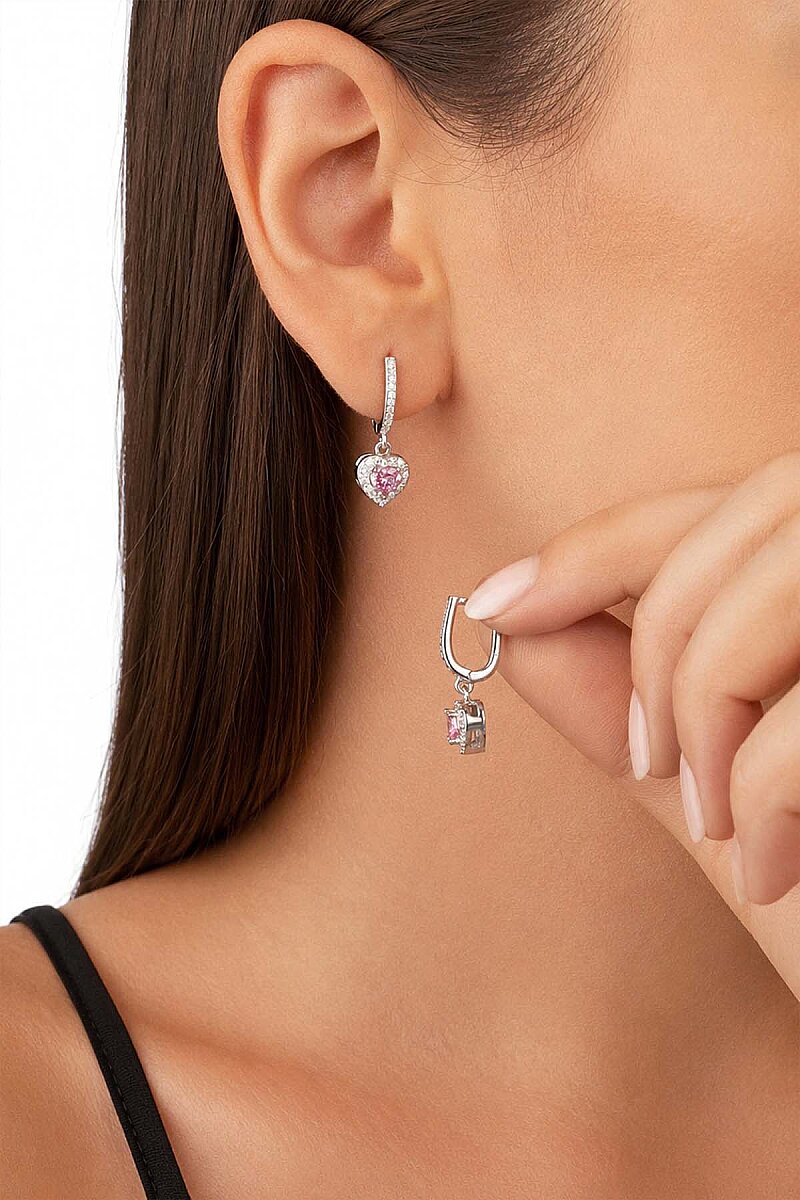Pembe Taşlı Kalp Gümüş Set - 4