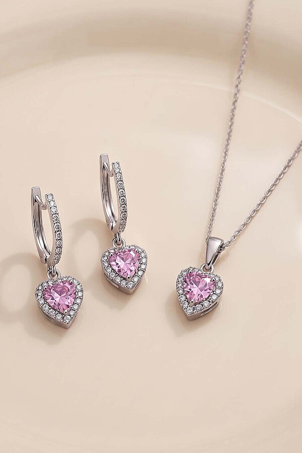 Pembe Taşlı Kalp Gümüş Set - Gümüş Pazarım