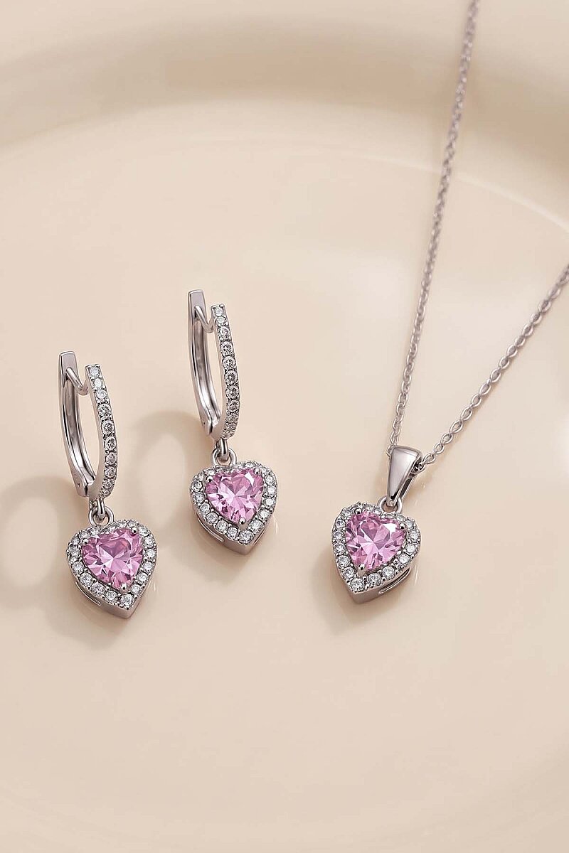 Pembe Taşlı Kalp Gümüş Set - 1