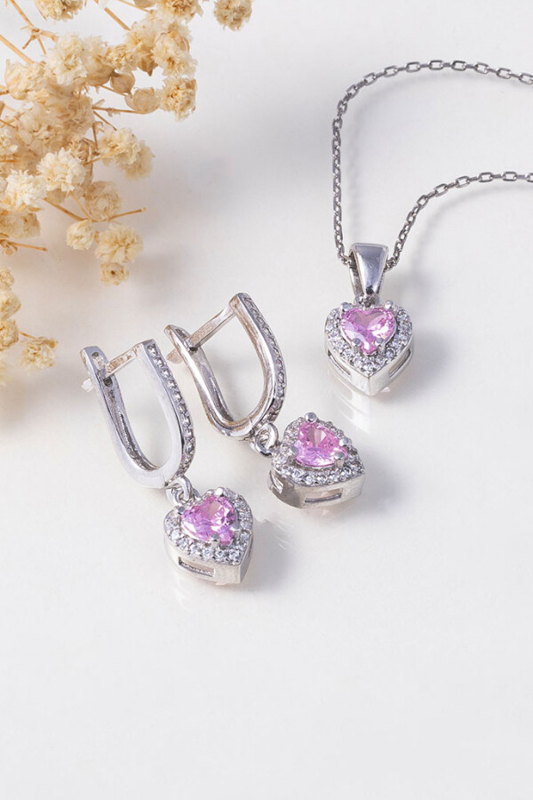 Pembe Taşlı Kalp Gümüş Set - Gümüş Pazarım