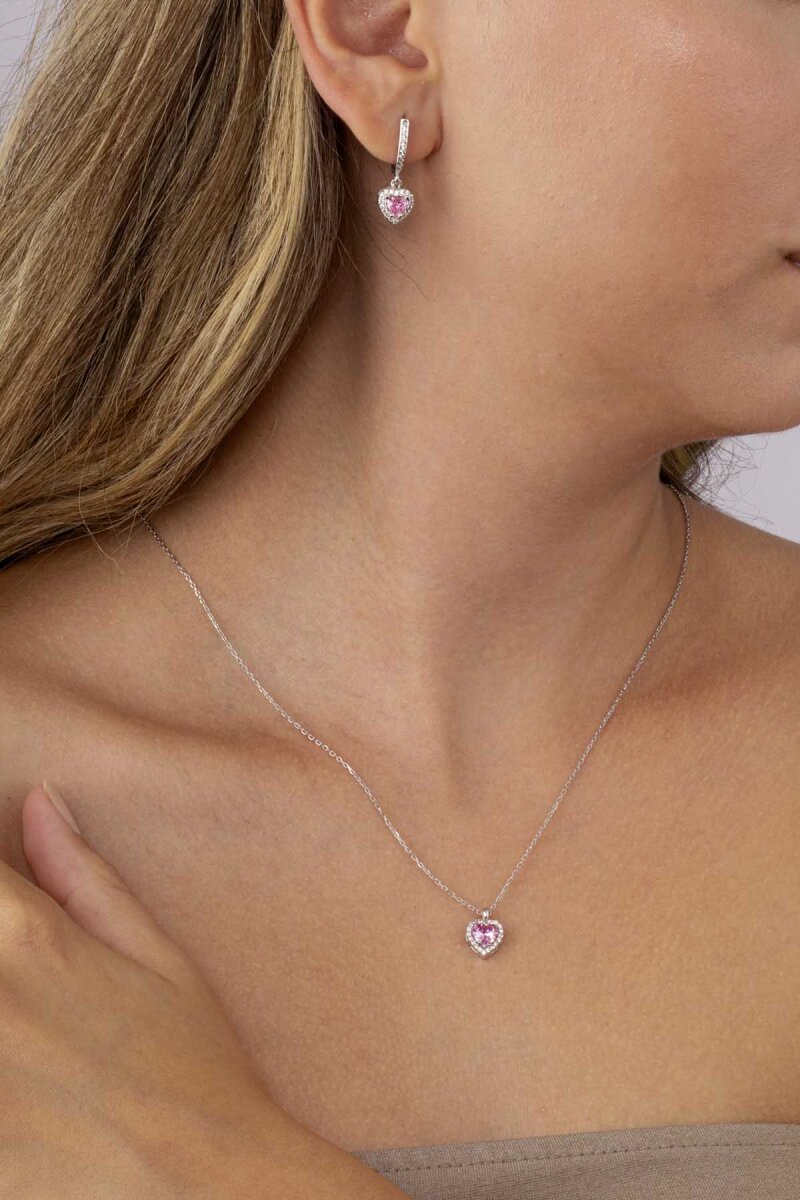 Pembe Taşlı Kalp Gümüş Set - 1