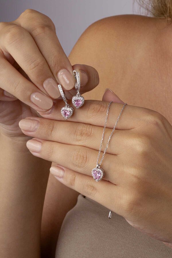 Pembe Taşlı Kalp Gümüş Set - 3
