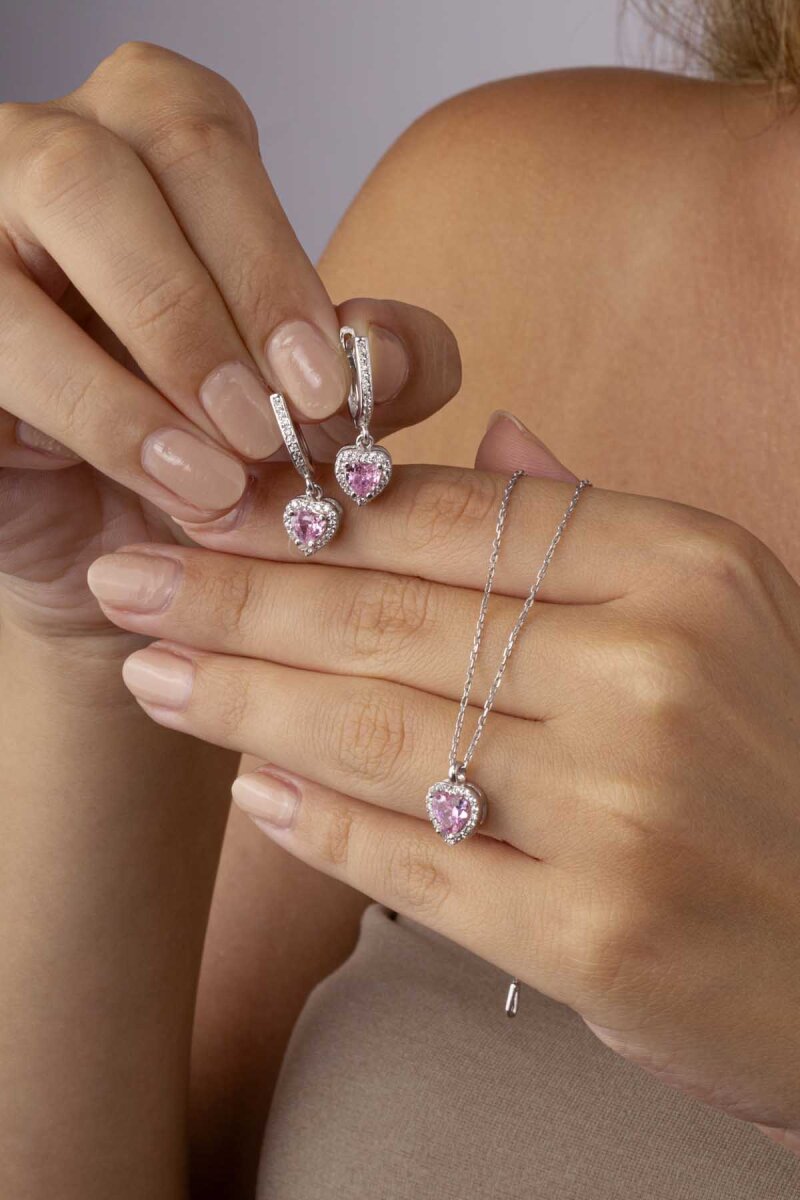 Pembe Taşlı Kalp Gümüş Set - 3