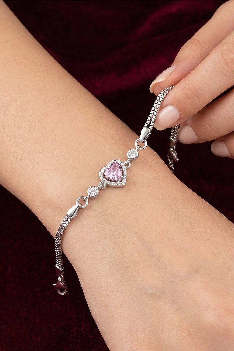 Pembe Taşlı Kalp Gümüş Su Yolu Bileklik - 1