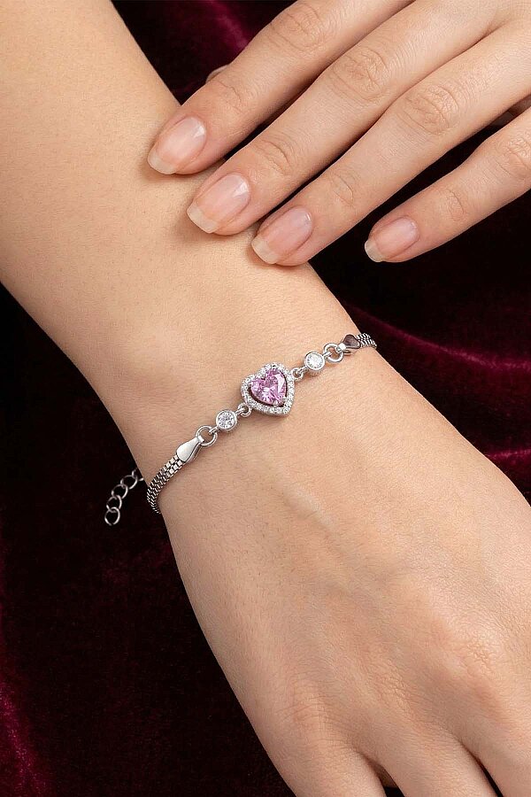 Pembe Taşlı Kalp Gümüş Su Yolu Bileklik - Gümüş Pazarım
