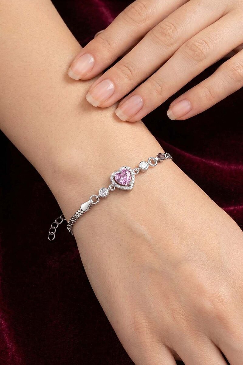 Pembe Taşlı Kalp Gümüş Su Yolu Bileklik - 2