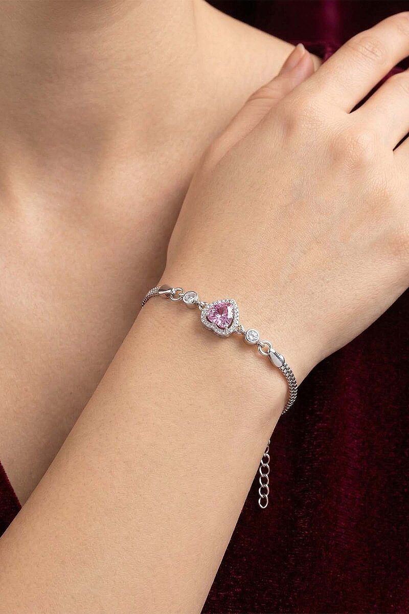 Pembe Taşlı Kalp Gümüş Su Yolu Bileklik - 3