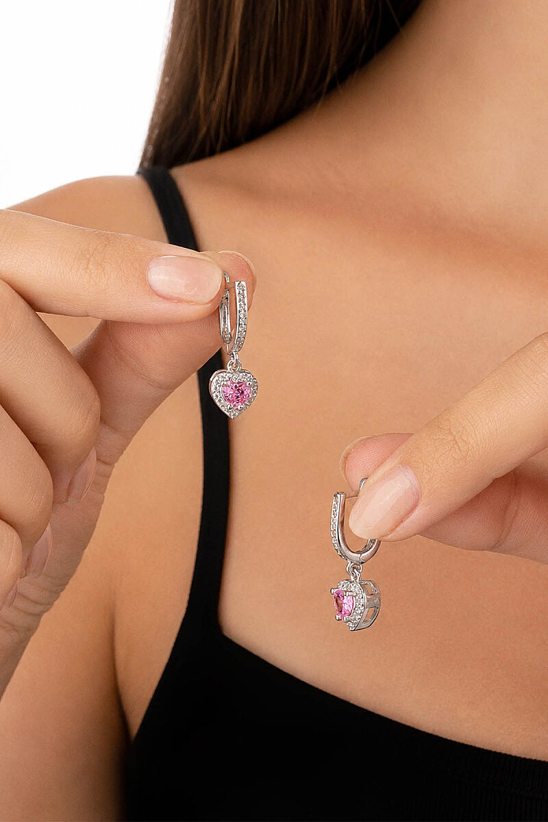 Pembe Taşlı Kalp Gümüş Üçlü Set - 6