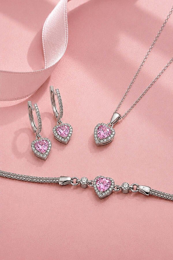 Pembe Taşlı Kalp Gümüş Üçlü Set 