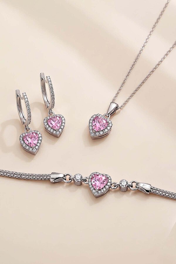 Pembe Taşlı Kalp Gümüş Üçlü Set - 1