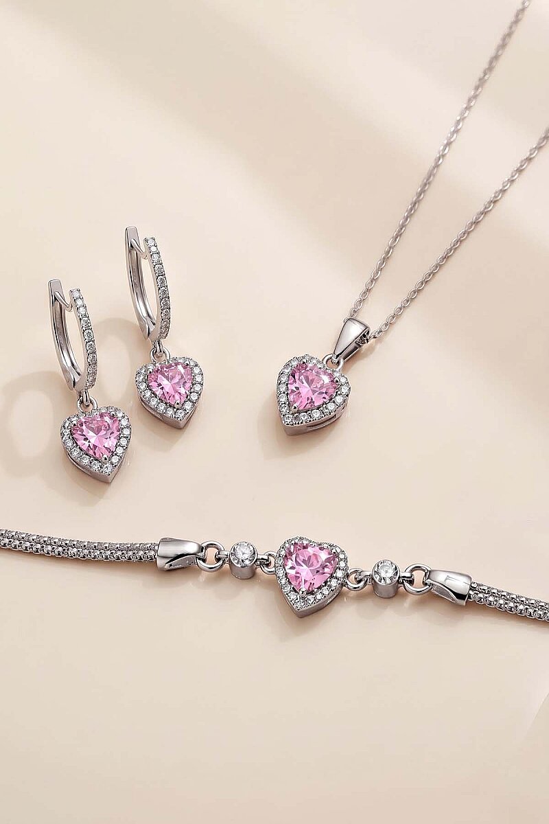 Pembe Taşlı Kalp Gümüş Üçlü Set - 1