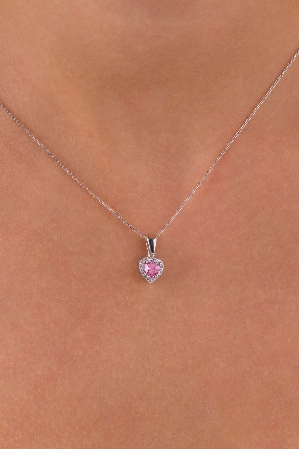Pembe Taşlı Kalp Gümüş Üçlü Set - 3