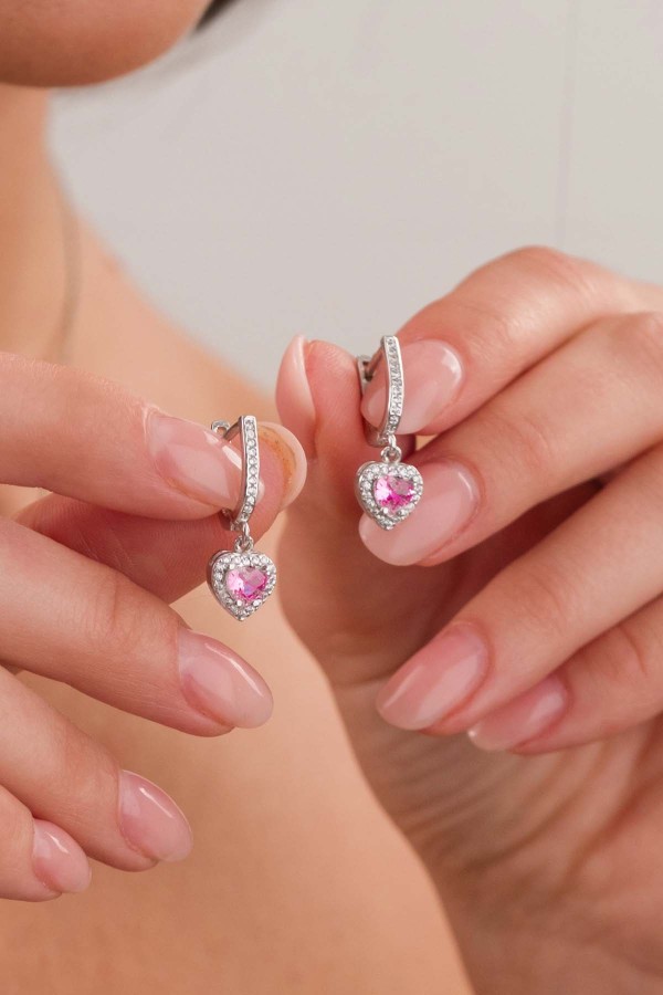 Pembe Taşlı Kalp Gümüş Üçlü Set - 5