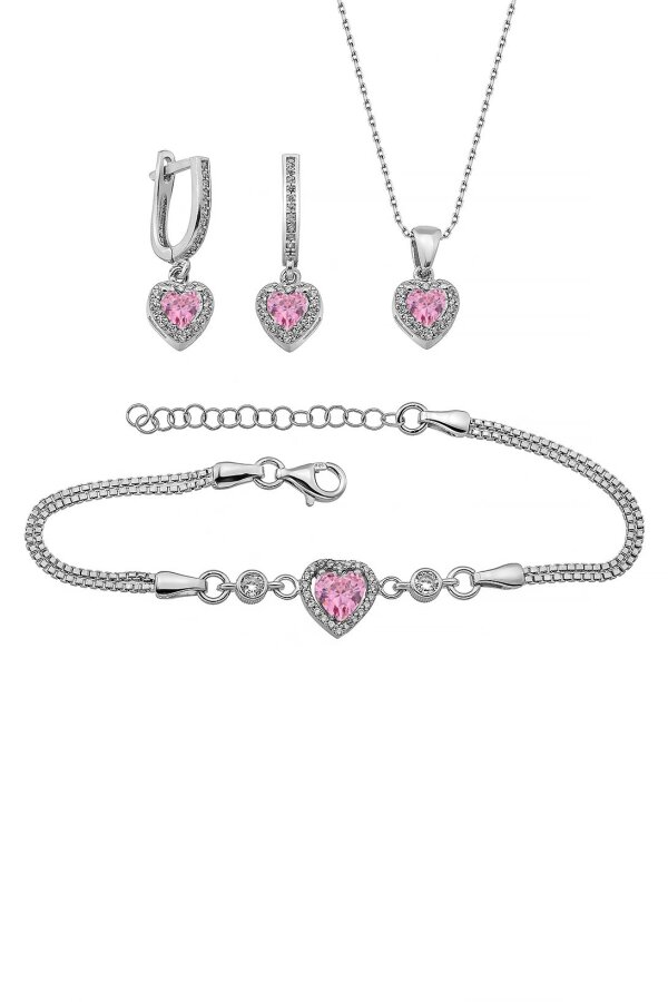 Pembe Taşlı Kalp Gümüş Üçlü Set - Gümüş Pazarım
