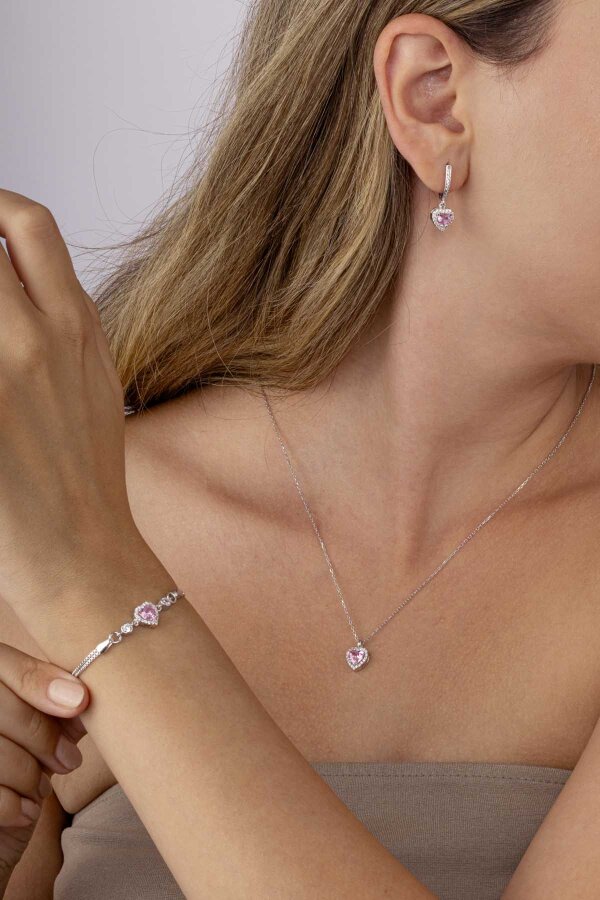 Pembe Taşlı Kalp Gümüş Üçlü Set - Gümüş Pazarım (1)