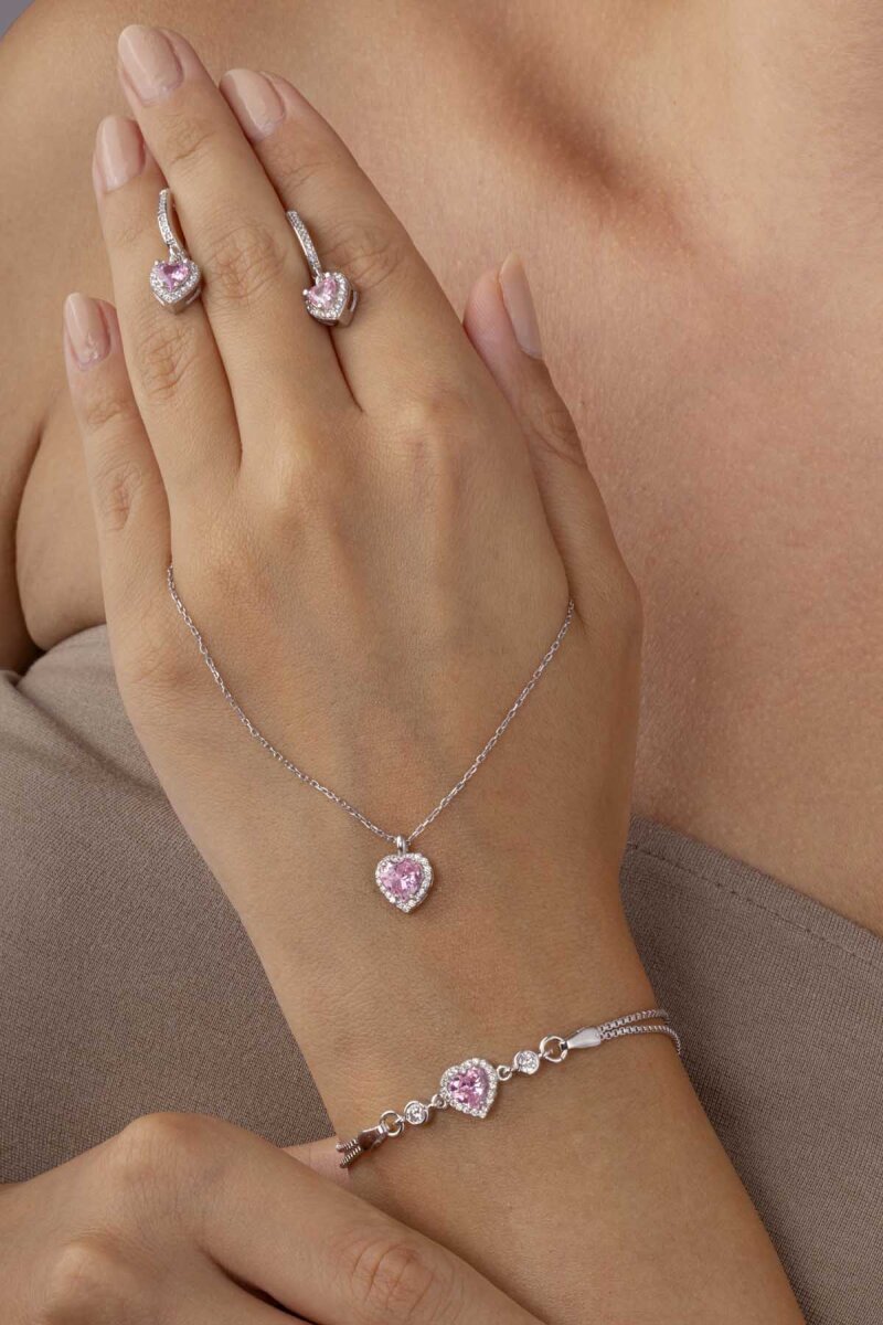Pembe Taşlı Kalp Gümüş Üçlü Set - 3