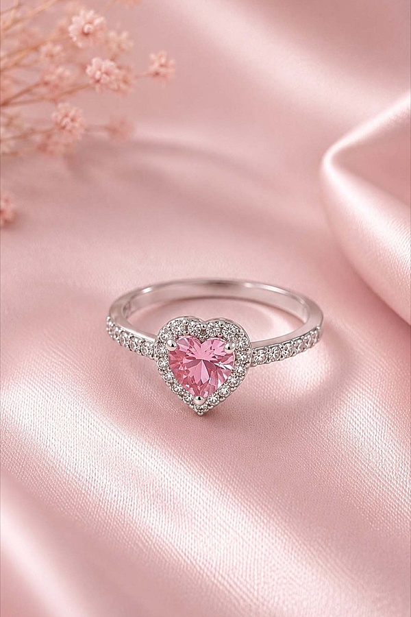 Pembe Taşlı Kalp Tektaş Kadın Gümüş Yüzük - Gümüş Pazarım