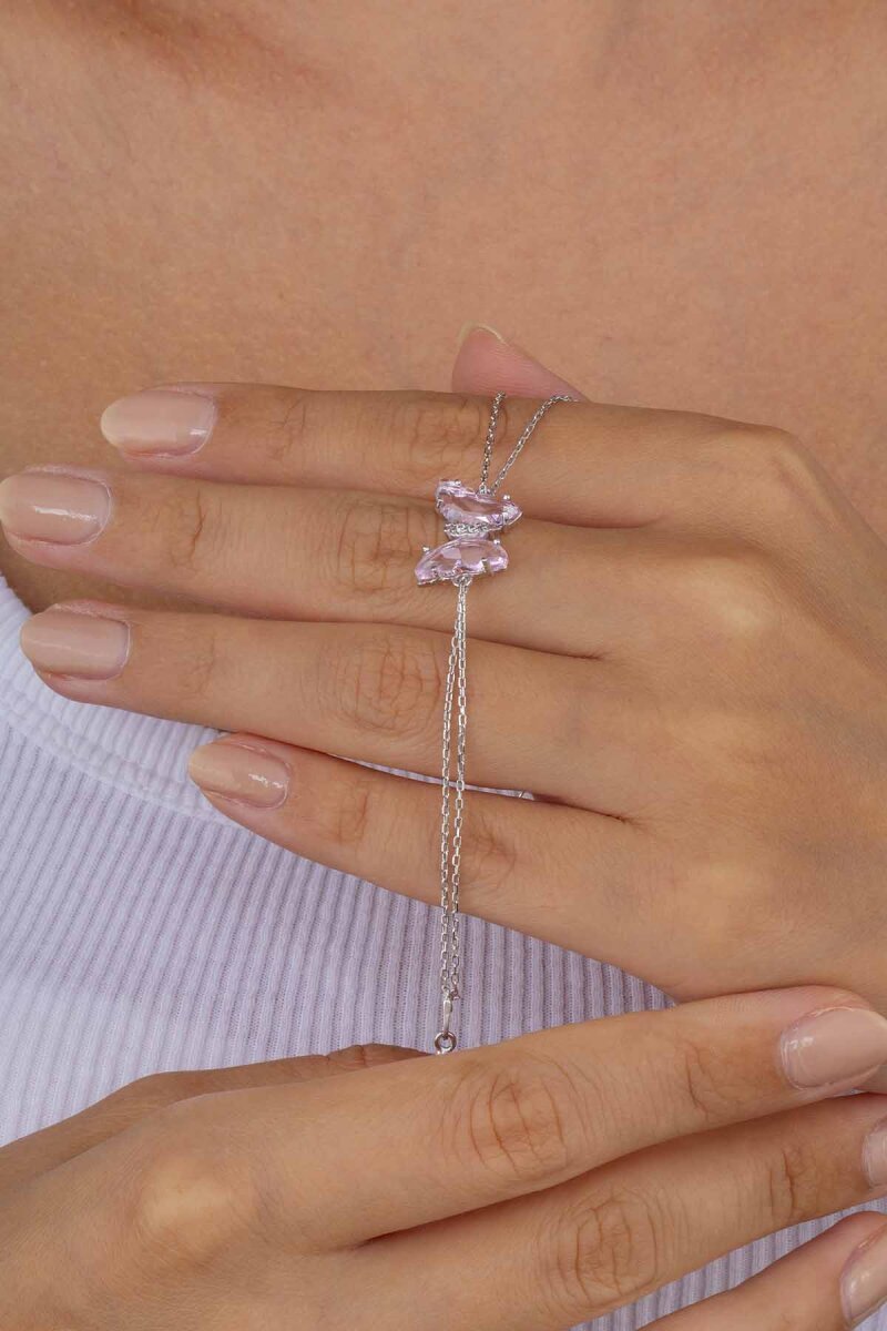 Pembe Taşlı Kelebek Gümüş Bileklik - 1