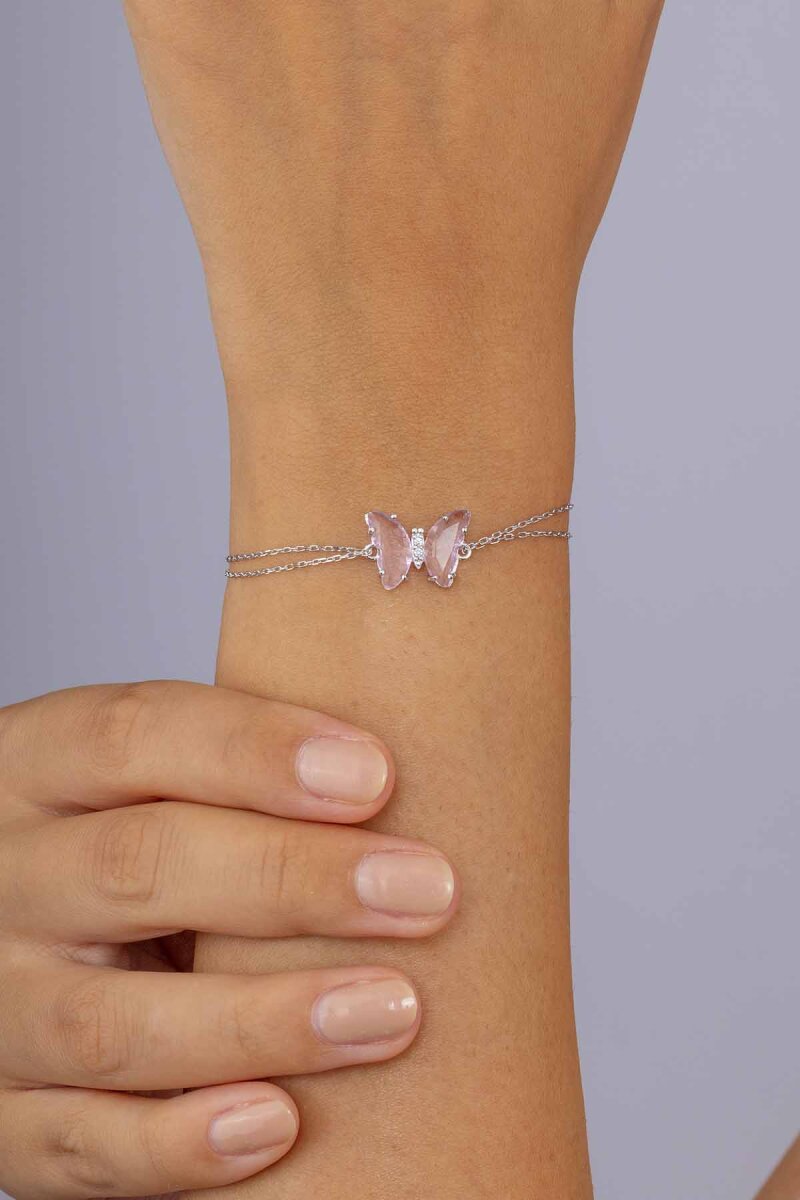 Pembe Taşlı Kelebek Gümüş Bileklik - 2