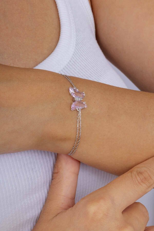 Pembe Taşlı Kelebek Gümüş Bileklik - Gümüş Pazarım