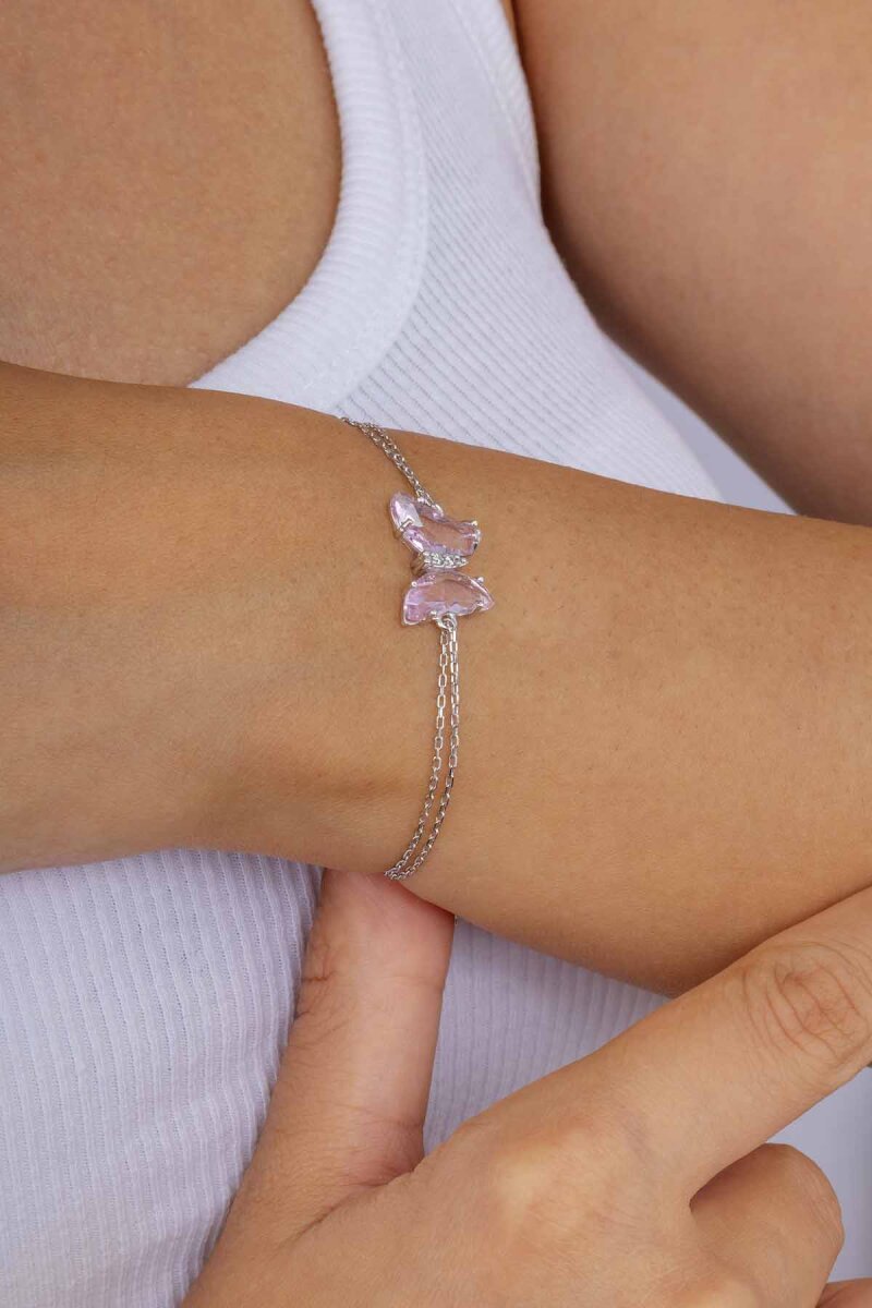 Pembe Taşlı Kelebek Gümüş Bileklik - 3