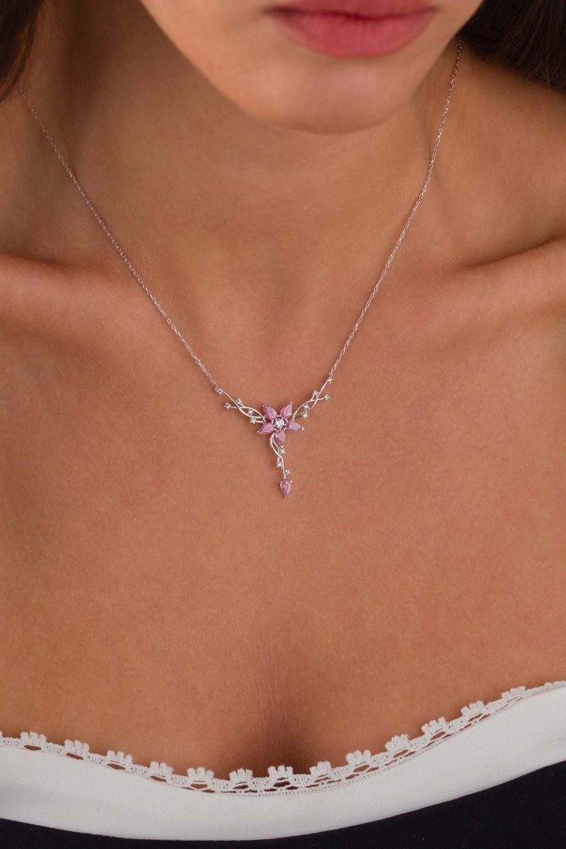 Pembe Taşlı Manolya Çiçeği Kadın Gümüş Kolye - 5