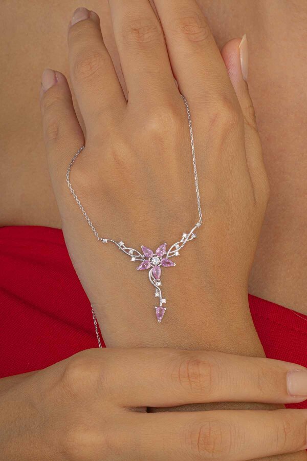 Pembe Taşlı Manolya Çiçeği Kadın Gümüş Kolye - Gümüş Pazarım